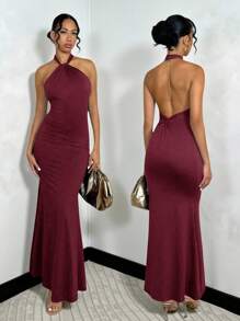 SHEIN Tall Đầm Maxi Bodycon hở lưng màu trơn đơn giản thanh lịch cho nữ, thích hợp mặc hàng ngày - Màu Đỏ Sâu - Xem 1