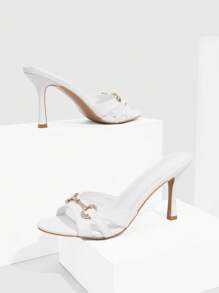 CUCCOO SZL Women's White PU Leather Gold Rhinestone Decor Fashion Evening Mules Sandals, 8.8CM High Heel, Round Toe - White - View 5