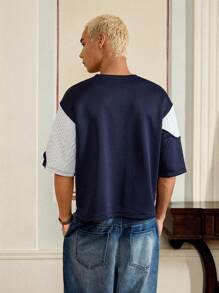 SWAVVY Camiseta de manga corta holgada de punto de vestir informal para hombre, uso diario, verano - Azul Marino - Ver 3