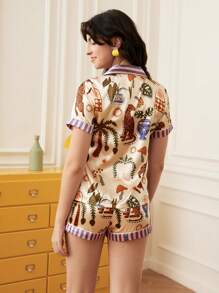 Leopard Patterned Sateen Women's Pajama Set - Beige - View 2