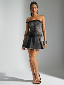 Denimoi Sexy Washed Embroidered Halter Denim Sundress, Summer - Dark Grey - View 3