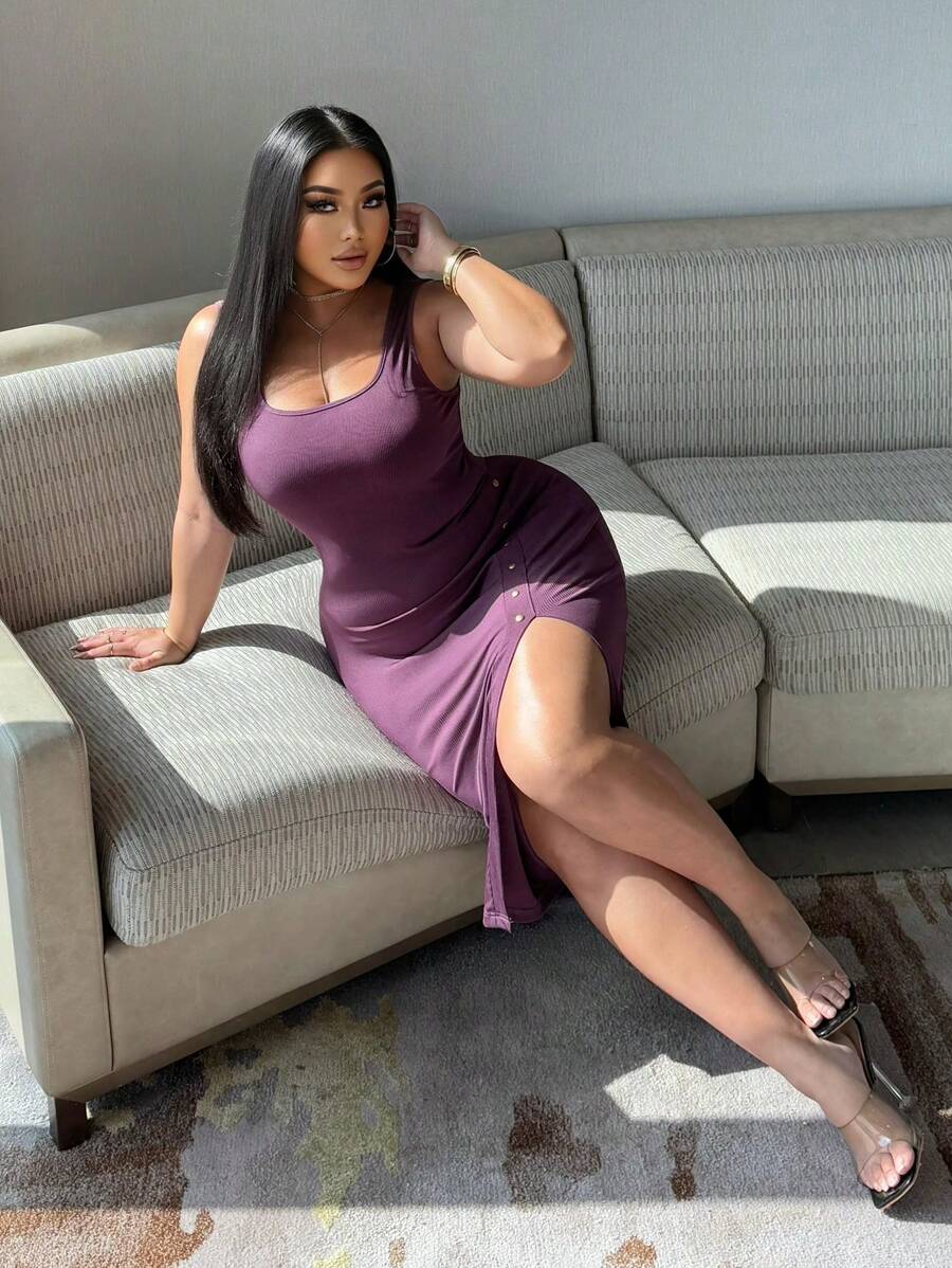 SHEIN LUNE Plus Size Women's Solid Color Square Neck, Side Slit Hem, Fitted Camisole Dress - Purple - View 1