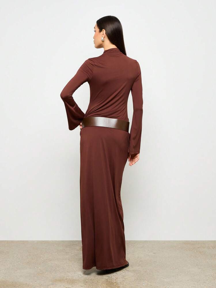 Elegant Bell Sleeve Mock Neck Maxi Dress