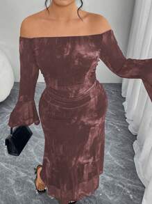 Modelyn Plus Size Women Off-Shoulder Flared Sleeve Elastic Net Tie-Dye Print Pleated Fitted Fishtail Hem Elegant Bodycon Dress - Multicolor - View 4