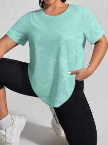 SHEIN Rhythm Era 女式加大码迷彩印花短袖透气舒适健身T恤健身房衬衫 - 水鴨藍 - 查看 7