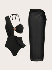 Swim Oasis 1 件女式纯色荷叶边连体泳衣，带纱笼裙，适合海滩/度假