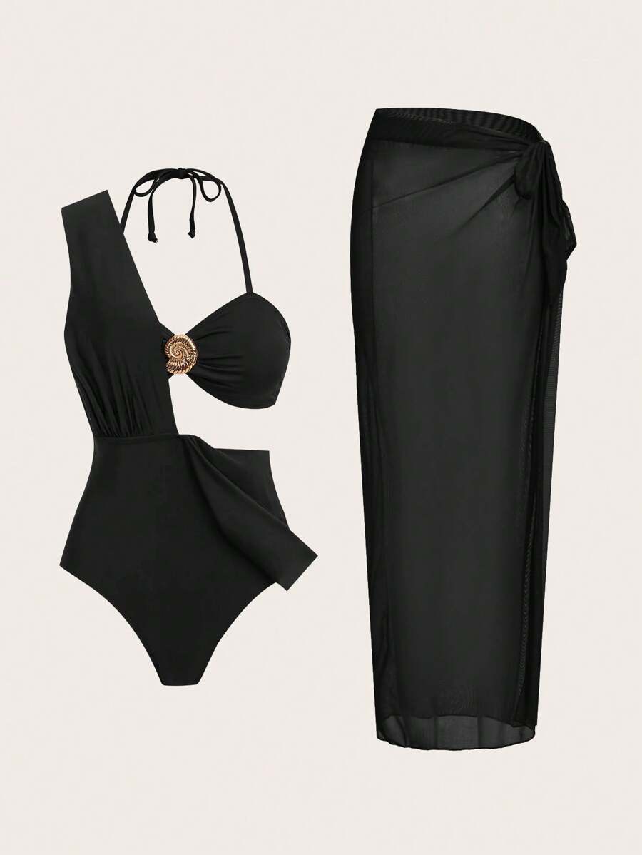 Swim Oasis 1 件女式纯色荷叶边连体泳衣，带纱笼裙，适合海滩/度假