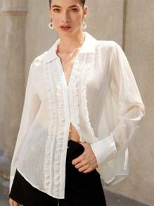 Chiquease Vintage Jacquard Sheer Breathable Fabric Elegant V-Neck Layered Ruffle Detail Ladies' Blouse, Versatile For Commuting - White - View 1