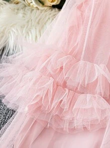 DreamSkyne 大码女式优雅青春甜美度假圆领短袖分层网眼蛋糕裙，春季荷叶边细节连衣裙，沙滩装 - 粉色 - 查看 3