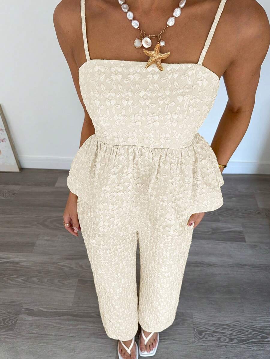 Siren Gaze 2件套女士纯色荷叶边下摆吊带背心和裤子套装 - 杏色 - 查看 1