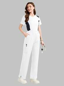 TaskEZ Contrast Color Short Sleeve Top And Long Pants Scrub Uniform Set,Summer,Rennaissance,Workwear,Nurse Workout Clothes Women Scrub Sets - White - View 5