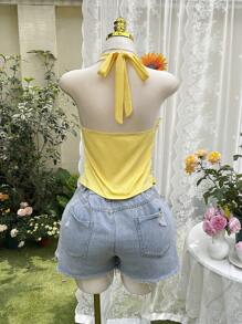 Comfortcana Plus Size Women's Casual Solid Color Ruched Halter Top, Summer - Yellow - View 2