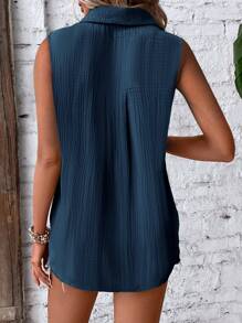 EMERY ROSE Women's Solid Color Single-Breasted Pocket Sleeveless Casual Shirt - Navy Blue - View 2