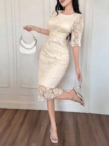 DAZY High-End Embroidered Lace Dress, Women Summer Round Neck Side Slit Mid-Calf Dress, French Elegant Cocktail Party Gown,Back To School Clothes - Apricot - View 3