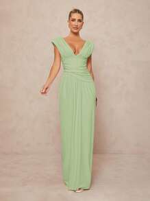 Lumalex 女式纯色深V领褶饰腰性感连衣裙 - 薄荷綠 - 查看 4