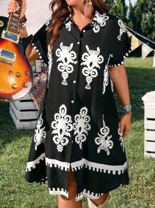 EMERY ROSE Plus Size Raglan Sleeve Casual Open Front Collar Curved Hem Ladies Dress With Pockets, Unique Linen Blend Music Festival Boho Print, Suitable For Spring/Summer Country Music Music Festival Bohemian Vacation Dresses Casual - Black and White - View 1