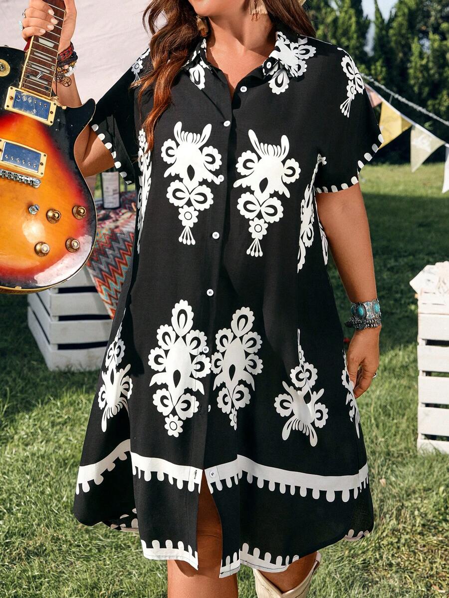 EMERY ROSE Plus Size Raglan Sleeve Casual Open Front Collar Curved Hem Ladies Dress With Pockets, Unique Linen Blend Music Festival Boho Print, Suitable For Spring/Summer Country Music Music Festival Bohemian Vacation Dresses Casual - Black and White - View 1