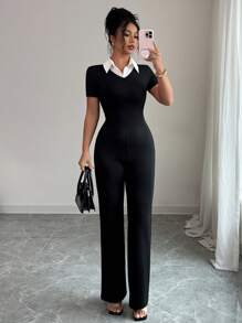 Elenzga Women's Collared Short Sleeve Flared Leg 2 Pieces Set - Black - View 6