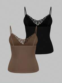 SHEIN LUNE 2pcs/Set Plus Size Lace Patchwork Solid Color Camisole - Multicolor - View 2