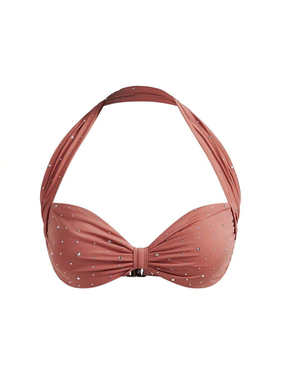 MOTF PREMIUM RHINESTONE GATHERED BIKINI TOP FOR SUMMER BEACH VACATION - Beige - View 1