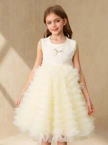 青少年女孩夏季网纱芭蕾舞裙，适合派对、婚礼、生日 - 杏色 - 查看 3