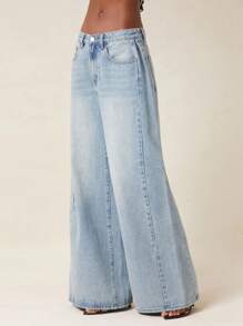NYA SZN Quần jeans denim cạp trung dáng rộng, màu sáng, phong cách đường phố, thích hợp mặc hàng ngày, đi ăn trưa, mùa thu, dự lễ hội, lễ hội hóa trang dành cho nữ. - Rửa nhẹ - Xem 5