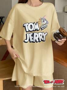 TOM AND JERRY X DAZY 休閒寬鬆卡通印花短袖T恤與短褲睡衣套裝 夏季 - 黃色 - 查看 6