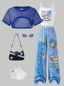 SHEIN 3-teiliges Mädchen Set aus einfarbigem Crop Top, Tanktop mit Häschenprint und Hose mit Denim-Optik und Häschenprint