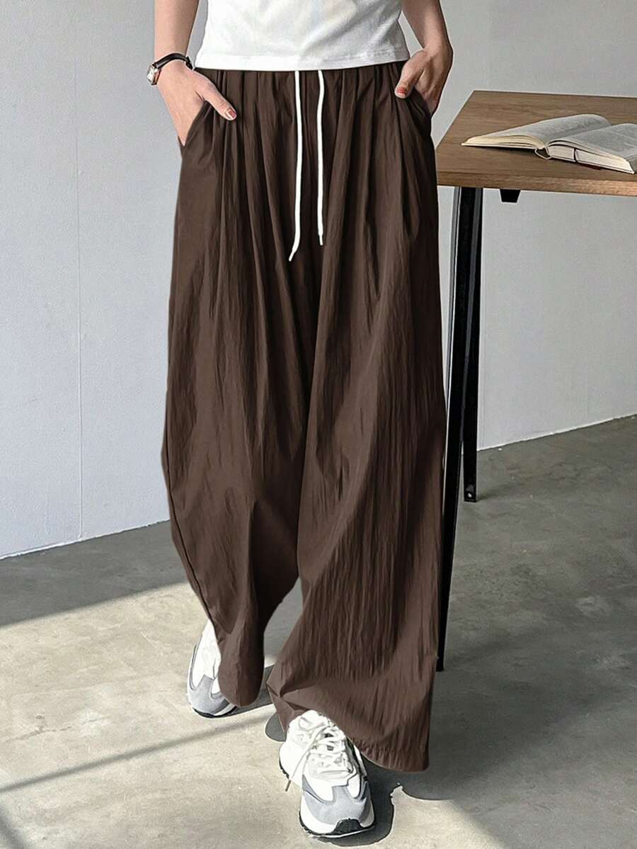 FRIFUL Women's Casual Solid Color Drawstring Waist Straight Leg Pants - Brown - View 1