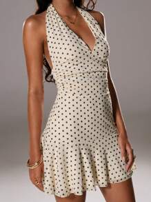 TRNVIE White Mini Polka Dot V-Neck Halter Summer Dress For Women, Elegant & Fashionable - White - View 7