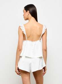 AiiRZ 蕾丝边高腰吊带上衣和短裤睡衣套装荷叶边肩部睡衣休闲夏季系列睡衣放松 - 白色 - 查看 2