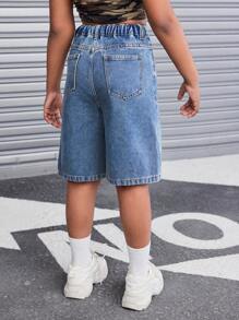 SHEIN 青少年女孩时尚复古水洗宽松百慕大牛仔短裤，带斜口袋，女孩春夏假期海滩波西米亚风夏装街头服饰音乐会狂欢节服装 - 中等水洗藍 - 查看 2