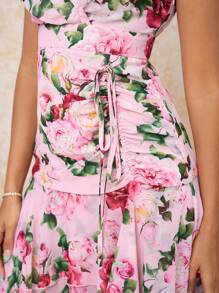 Ellevyn 女式 V 领裹身荷叶边袖花卉印花雪纺褶皱 A 字高低连衣裙，优雅日常浪漫春夏长裙 - 彩色 - 查看 7