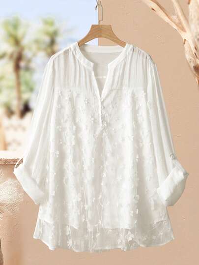 Lacomfia Women's Adjustable 3/4 Sleeve Bamboo Knit Mesh Floral Embroidery Comfortable Casual Plus Size Blouse Fall Cloth For Women