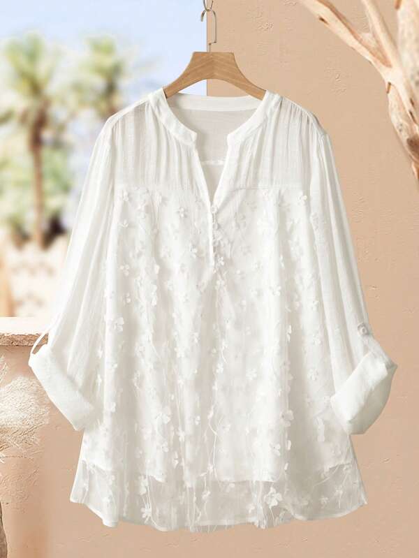 Lacomfia Women's Adjustable 3/4 Sleeve Bamboo Knit Mesh Floral Embroidery Comfortable Casual Plus Size Blouse