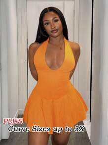 Slaydiva 新款春夏休闲基础款运动风露背U领大摆橙色罗纹针织女式加大码迷你连衣裙，婚礼宾客礼服 - 橘色 - 查看 1