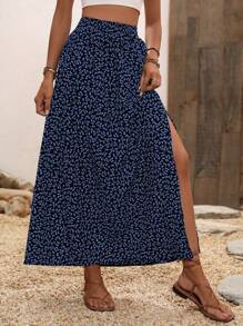 Breezaya Ditsy Floral Print Split Thigh Skirt Maxi Vacation Beach Women Fall Cloth For Women - Black - View 4