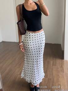 SHEIN EZwear 女士白色波尔卡圆点和图案印花休闲雪纺美人鱼长裙，带荷叶边下摆，夏季，外出