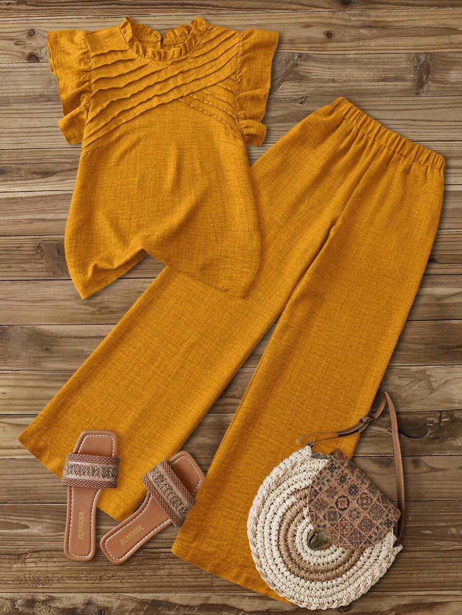 Elouméa Women Golden Yellow,Summer,Boho,Casual,Vacation,Holiday 2Pcs Set,Ruched Ruffled Collar Cap Sleeve Shirt & Elastic Waist Straight Leg Ankle Pants - Yellow - View 1
