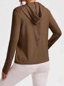 Cheerettes Women's Minimalist Solid Color Drawstring Hooded Sweatshirt - Coffee Brown - View 2