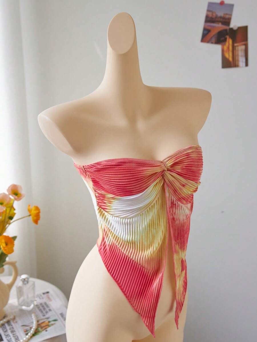 SHEIN Unity Asymmetrical Tie Dye Twist Cutout Bandeau Top - Multicolor - View 1