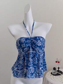 SHEIN Unity Cute Floral Print Tie Front Fashion Halter Neck Tank Top - Blue and White - View 3