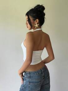 Aloruh 1 件女式白色无袖露背吊带夏季背心，带链条装饰 - 白色 - 查看 2