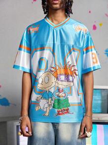 ROMWE MEN Nick 90's X ROMWE Camiseta de manga corta de estilo deportivo casual y de moda con estampado de dibujos animados para hombre