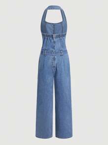 SHEIN MOD Bộ đồ liền thân denim không tay thắt nút phía trước màu trơn dành cho nữ - Màu xanh lam - Xem 2