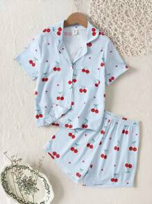 طقم بيجاما فتيات 2 قطعة، قميص كم قصير بطبعة الكرز مع شورت، ملابس منزلية كاجوال - متعدد الألوان - مشاهدة 1