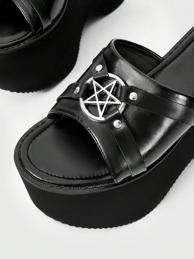 ROMWE Grunge Punk Women Casual Thick Bottom Wedge Slide Sandals, Star Pattern Slip On Open Toe Flats - Black - View 4