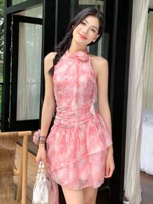 SHEIN LUNE Tie-Dye Organza Print Stand Collar Fluttered Ruffle Hem Floral Sweet Holiday Mini Dress For Women - Pink - View 4