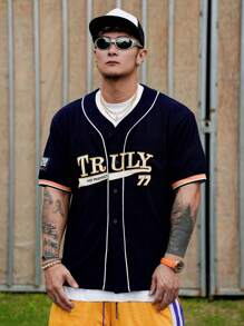 DAZY Summer Decoration Striped Collegiate Style Navy Blue Men's Shirt Business Attire