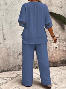 EMERY ROSE Sommer Damen Einfarbiges Guipure-Spitzen-Netzärmel-Oberteil und Hose Zweiteiliges Set